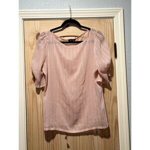 DKNY Top Womens Size Large Pink Sheer Metallic Puff Sleeve Polyester Blouse